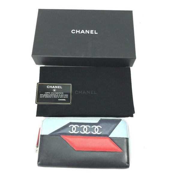 CHANEL airline triple coco Long wallet Zip Around Long Wallet Black/Light blue - Picture 1 of 16
